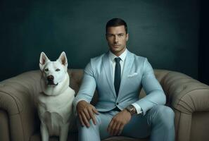 ai genererad en man i en kostym och klänning Framställ med hans hund foto