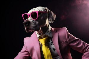 ai genererad en hund i en kostym med nyanser och en gul väst foto