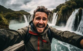 ai genererad en kille tar en selfie i främre av de vattenfall foto
