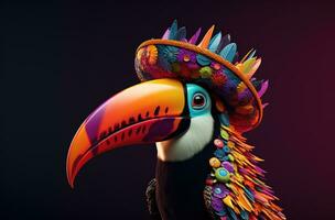 ai genererad en färgrik toucan bär en födelsedag hatt foto