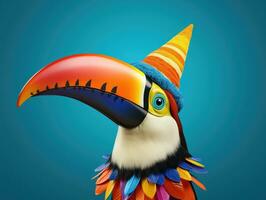ai genererad en ljust färgad toucan bär en födelsedag hatt foto