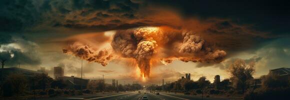 ai genererad en stad och en kärn explosion den där är uppsättning över de himmel foto