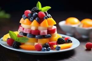 ai genererad frukt på tallrik, frukt dekoration redo till äta, färsk frukt mängd på bricka friska äter diet mat ai genererad foto