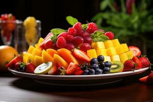 ai genererad frukt på tallrik, frukt dekoration redo till äta, färsk frukt mängd på bricka friska äter diet mat ai genererad foto