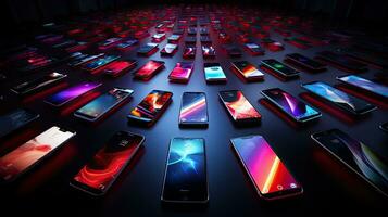ai genererad array av upplyst smartphones med färgrik visa mönster foto
