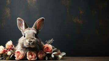 ai genererad förtjusande kanin bland vår blommor i vibrerande porträtt. foto