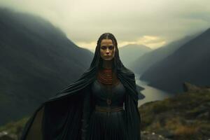 ai genererad viking kvinna bland berg. generativ ai foto