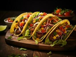ai genererad utsökt mexikansk tacos med kött och grönsaker. traditionell mat, latin amerikansk, mexikansk kök. fotorealistisk, bakgrund med bokeh effekt. ai genererad. foto