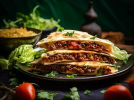 ai genererad utsökt mexikansk quesadilla med mald kött, grönsaker och greener. traditionell mat, latin amerikansk, mexikansk kök. fotorealistisk, bakgrund med bokeh effekt. ai genererad. foto