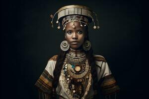 ai genererad skön afrikansk kvinna i etnisk klänning. neuralt nätverk ai genererad foto