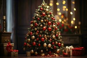 ai genererad visa upp en jul träd överdådigt dekorerad med festlig ornament foto