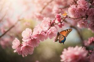 ai genererad en drömmande sakura trädgård med graciös fjärilar foto