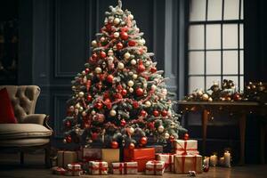 ai genererad visa upp en jul träd överdådigt dekorerad med festlig ornament foto