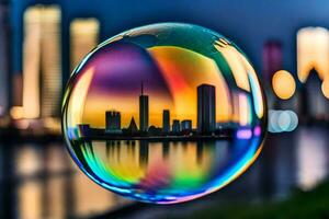 ai genererad en färgrik bubbla med en stad horisont i de bakgrund foto