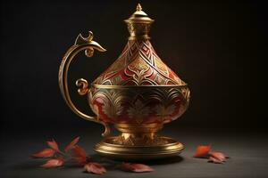 ai genererad årgång te pott med blommig prydnad och röd löv på svart bakgrund. generativ ai foto
