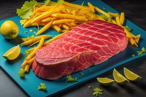 ai genererad rå tonfisk biff med grönsaker på blå skärande styrelse. tonad. generativ ai foto