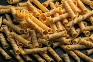 ai genererad rå pasta på grå bakgrund, topp se. torr pasta stänga upp. generativ ai foto