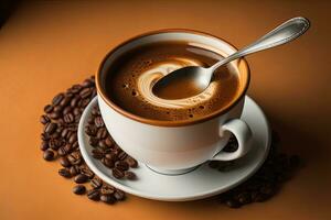 ai genererad kopp av kaffe med skum och kaffe bönor på en brun bakgrund. generativ ai foto