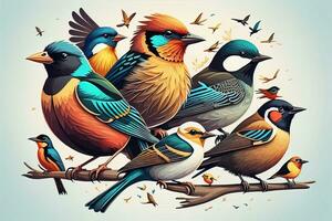 ai genererad vektor illustration av en grupp av färgrik fåglar Sammanträde på en gren. ai generativ foto