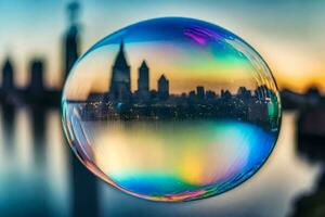 ai genererad en bubbla med en stad horisont i de bakgrund foto