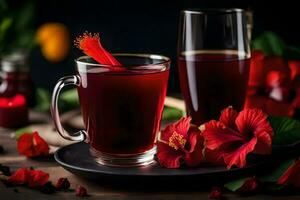 ai genererad röd te med hibiskus blommor foto