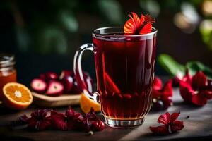 ai genererad en glas av röd te med blommor och apelsiner foto