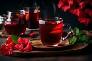 ai genererad röd te med hibiskus blommor och löv foto