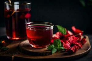 ai genererad röd te med hibiskus blommor på en trä- styrelse foto
