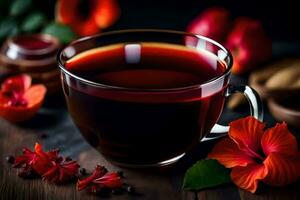 ai genererad röd te med blommor och kryddor foto