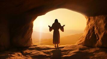 ai genererad uppståndelse av Jesus på tömma grav på soluppgång foto