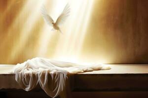 ai genererad uppståndelse av Jesus christ begrepp. vit fågel, svepa och crucifixion på soluppgång foto