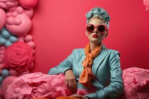 ai genererad ung positiv kvinna ljus smink blå hår glamour eleganta glasögon, på rosa bakgrund. foto