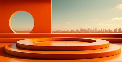 ai genererad tömma podium piedestal, orange bakgrund stå för produkt, varor. hylla med produkt reklam - ai genererad bild foto