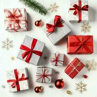 jul sammansättning med gåva lådor, kort bollar gran grenar tall koner med kopia Plats. jul förbi ai genererad foto