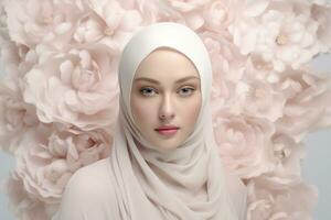 ai genererad ung muslim kvinna mot mjuk rosa blommor bakgrund. ai genererad foto