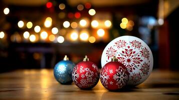ai genererad jul bakgrund med jul bollar, gåvor med bokeh effekt. ai genererad. foto