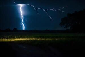 ai genererad en blixt- bult är sett i de himmel över en fält foto