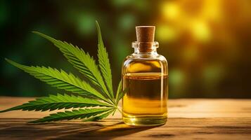 ai genererad cbd olja och cannabis blad på trä- tabell foto