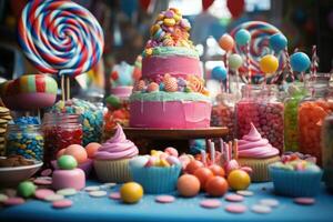 ai genererad en lekfull scen terar en färgrik arrangemang av godis och behandlar på en barns födelsedag fest. generativ ai foto