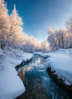 ai genererad vinter- kväll landskap av en pittoresk ström i en snöig skog foto