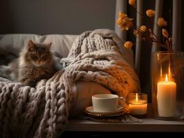 ai genererad en skön mysigt vinter- eller höst interiör i beige. en katt i en pläd på de soffa, brinnande ljus. de begrepp av bekvämlighet. fotorealistisk. ai genererad. foto
