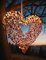ai genererad hängande hjärta tillverkad från små papper hjärtan foto