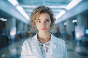 ai genererad medicinsk begrepp skön kvinna läkare i vit täcka, stetoskop, sjukhus bakgrund.ai genererad foto