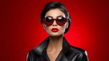 ai genererad Foto porträtt av Häftigt kvinna med solglasögon och svart jacka på röd bakgrund ai genererad