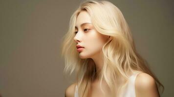 ai genererad asiatisk kvinna med blond hår och skön ansikte och perfekt hud .ai genererad foto