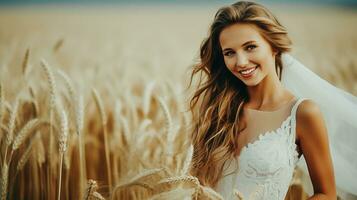 ai genererad brud under en bröllop på en Foto skjuta i de fält flicka i en vit klänning på en vete fält i solnedgång ai genererad