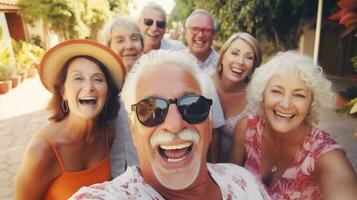 ai genererad grupp av elegant ser senior människor tar selfie med smartphone, Lycklig och leende.ai genererad foto