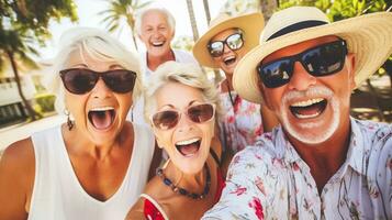 ai genererad grupp av elegant ser senior människor tar selfie med smartphone, Lycklig och leende.ai genererad foto