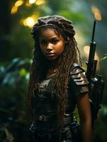 ai genererad mörkhyad ung flicka i full längd militär enhetlig med vapen i hand i de djungel. driven förbi artificiell intelligens. foto