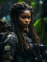 ai genererad mörkhyad ung flicka i full längd militär enhetlig med vapen i hand i de djungel. driven förbi artificiell intelligens. foto